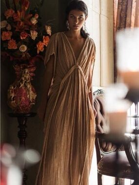 La Blanca Tan Pleated V-Neck Maxi Dress
